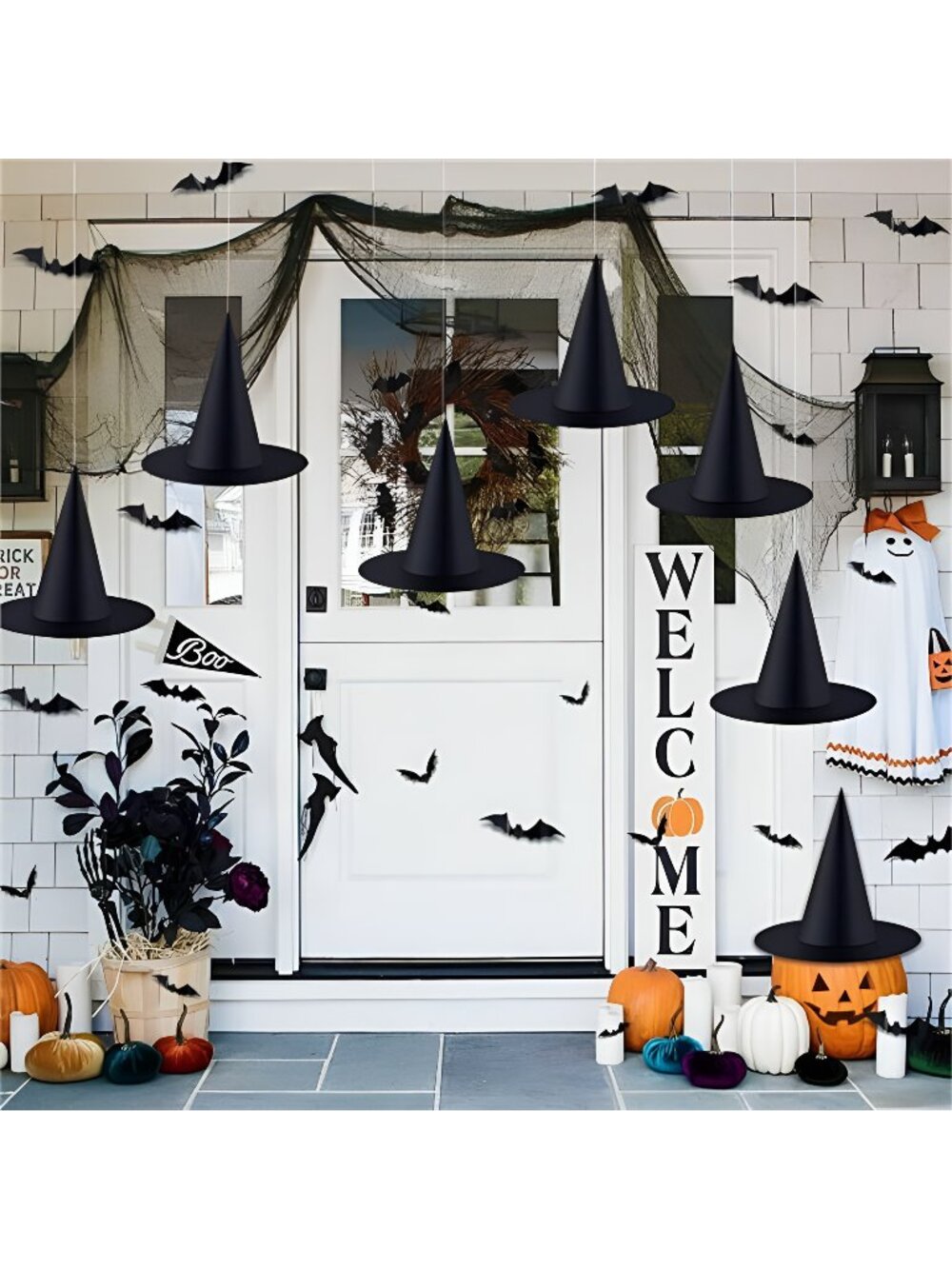 12pack Black Halloween Witch Hats with 3D Bats Wall Decor Halloween Costume